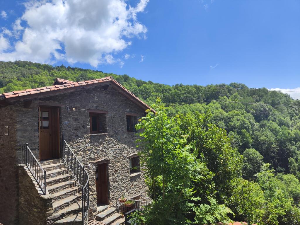 un edificio in pietra con scala accanto a una montagna di Allotjaments Cal Llarg a Molló