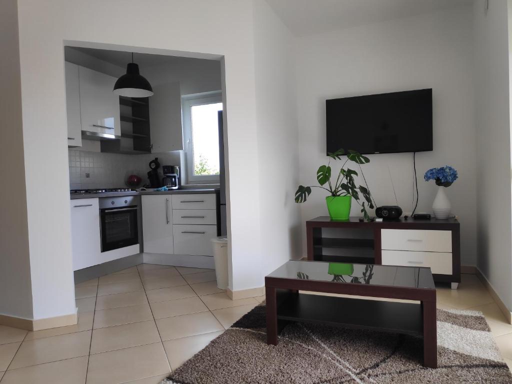 a kitchen with white cabinets and a table and a tv at Apartman Ema in Tar