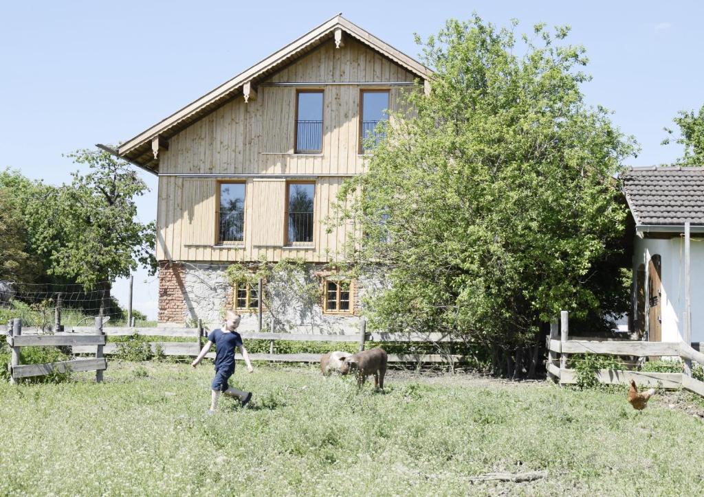 Un garçon debout dans un champ devant une maison dans l'établissement Ferienhof Forstmoar, à Gars am Inn