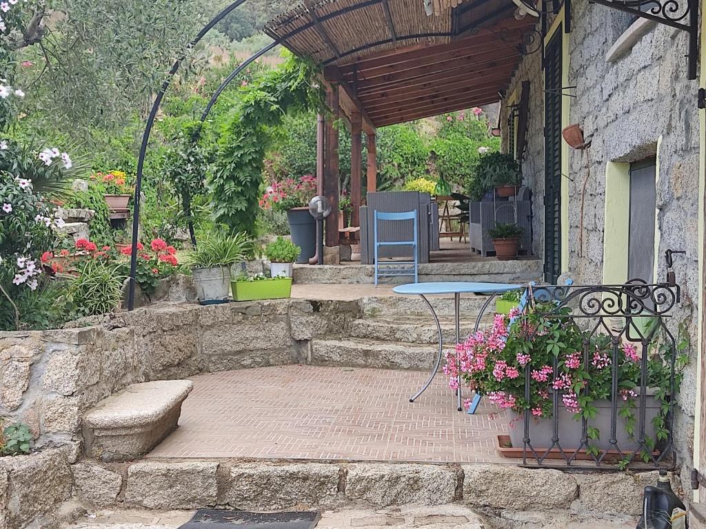 un patio con tavolo e fiori in un edificio di B&B San Michele a Berchidda