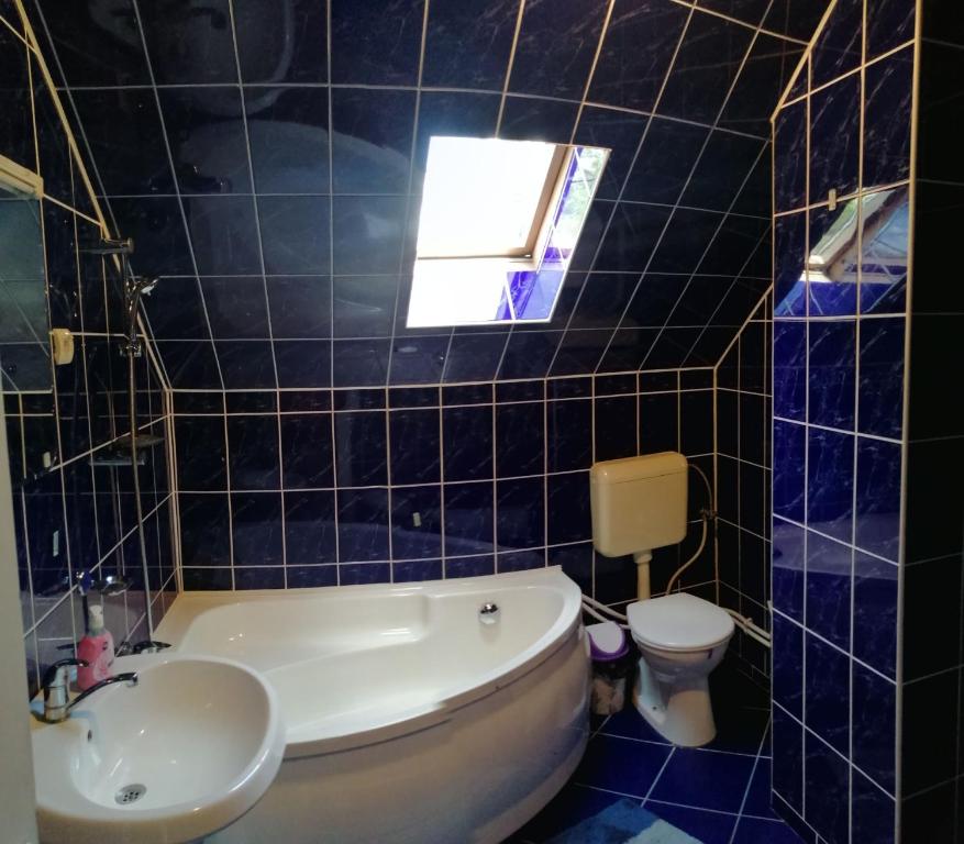 a blue tiled bathroom with a tub and a toilet at Fodor Vendégház in Racu