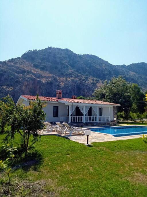 a house with a swimming pool and a mountain at Villa Narlibahce in Ortaca