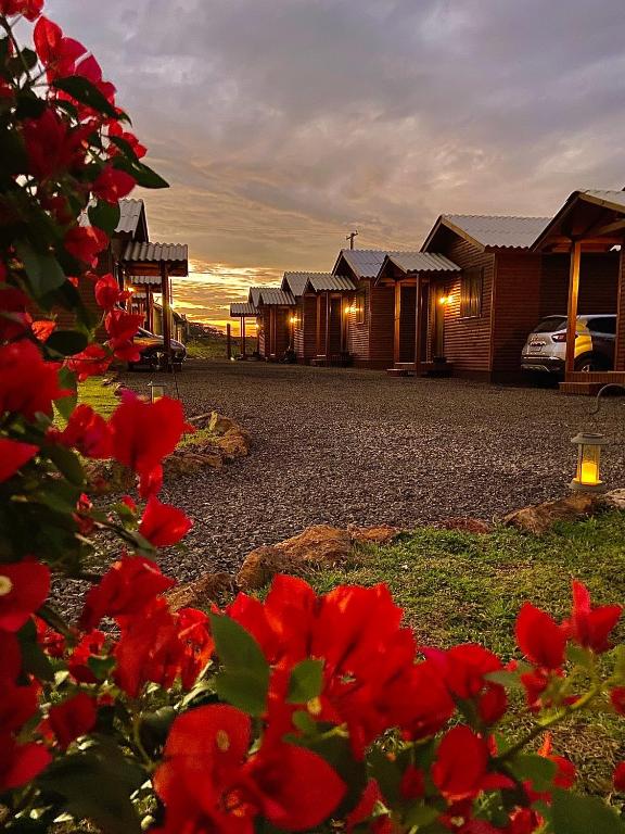 a row of houses with red flowers in the foreground at Pousada Costaneira in Cambara do Sul