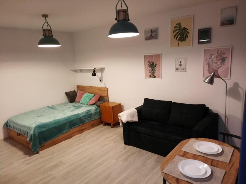 sala de estar con sofá y cama en Apartament Orłowska en Gdansk