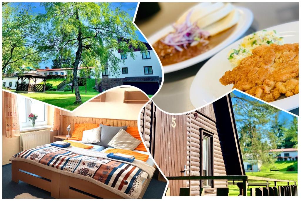 un collage de fotos de un dormitorio y comida en Hotel a Penzion PEGAS en Vlachovice