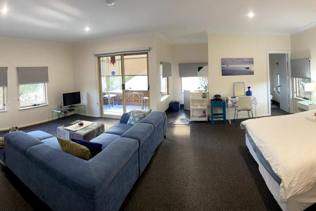 a living room with a blue couch and a bed at Upstairs on Strickland in Denmark