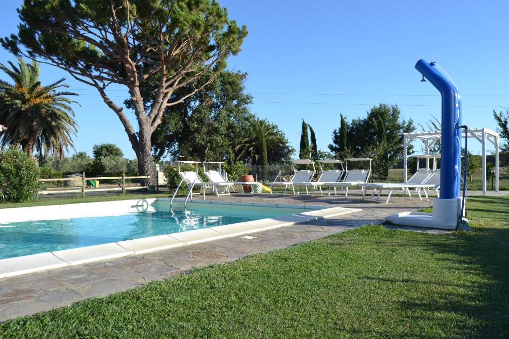 una piscina con tumbonas y un árbol en Agriturismo Beveraggio Appartamenti, en Marina di Grosseto