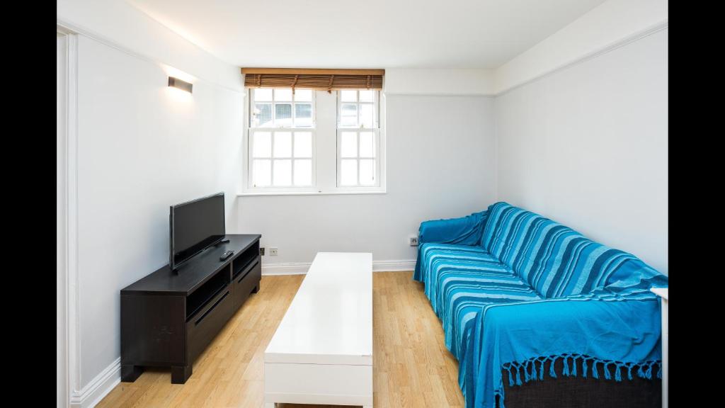 a living room with a blue couch and a tv at Delightful 1-bedroom Apartment In Whitechapel in London