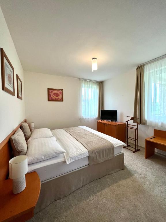 a bedroom with a large bed and a television at Chance Apartman-Birdland Villapark Bükfürdő in Bük