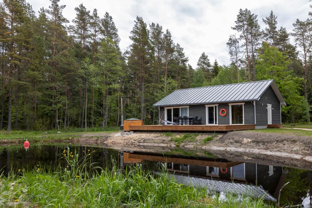 una cabaña en el bosque junto a un cuerpo de agua en Jõeranna Pond House, en Jõeranna