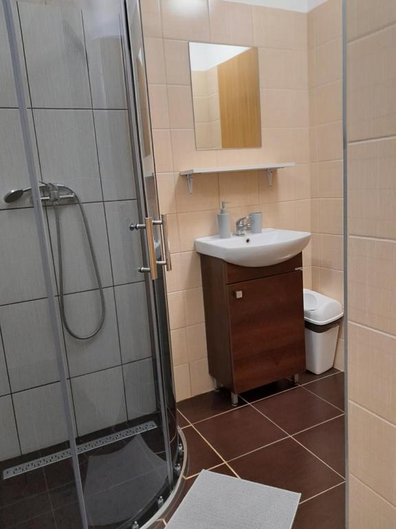 Koupelna v ubytování Apartmány Obora