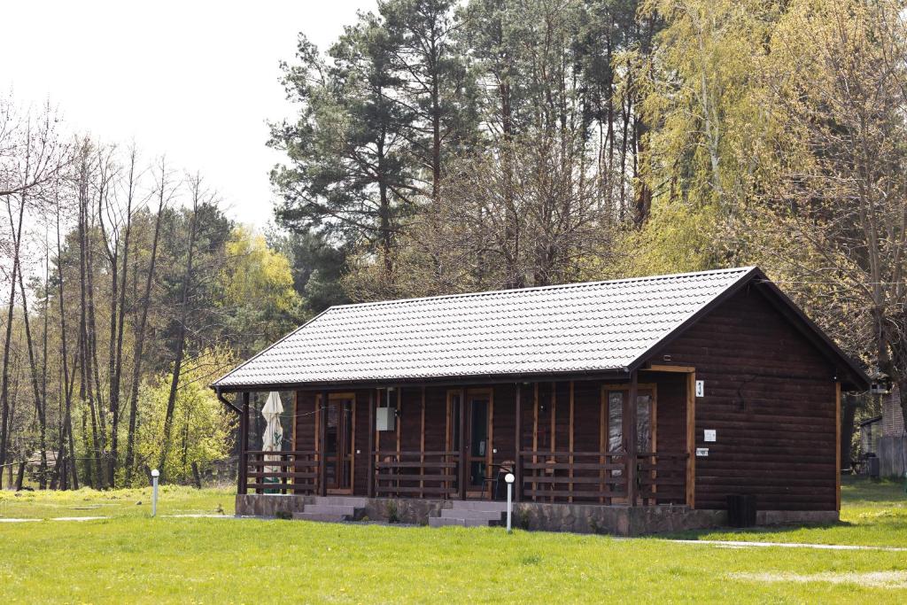 una pequeña cabaña de madera en un campo de hierba en ТУРБАЗА NESTER-HOUSE en Svityazʼ