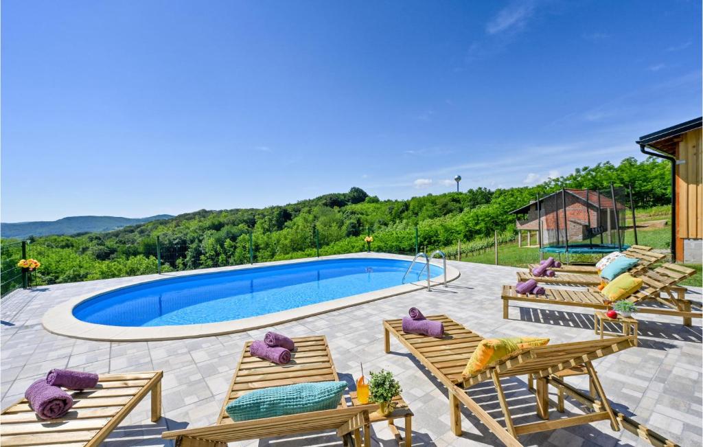 uma piscina com dois bancos de madeira ao lado em Stunning Home In Varazdinske Toplice With Wifi em Varaždinske Toplice