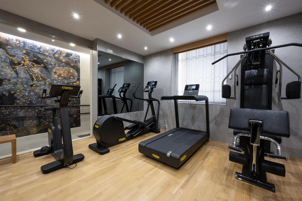 un gimnasio con cintas de correr y elípticas en una habitación en Hotel Rector, en Salamanca