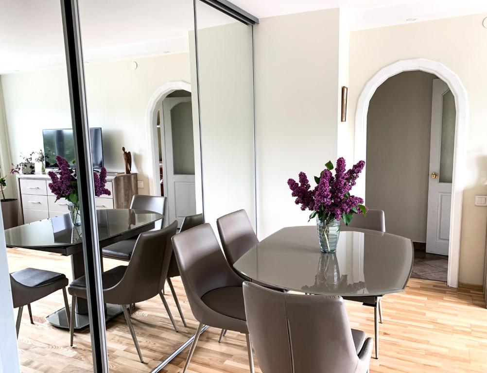 une salle à manger avec une table et des chaises en verre dans l'établissement Vienuolio Apartament - jauki vieta poilsiui šalia upės, à Anykščiai
