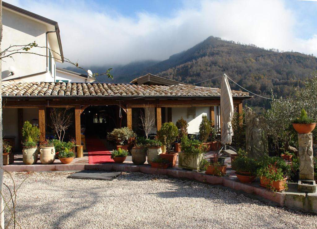 a house with a bunch of potted plants in front of it at Agriturismo Cupiglione in Lago