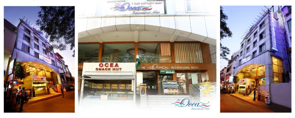 two pictures of a building with a sign in front of it at The Ocea International Hotel in Bangalore