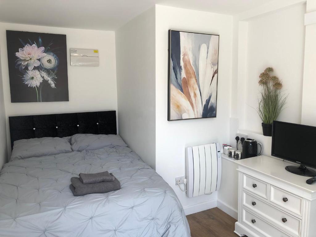 a bedroom with a bed and a desk with a television at Lovely Modern decorated 1 bed Studio in Newport