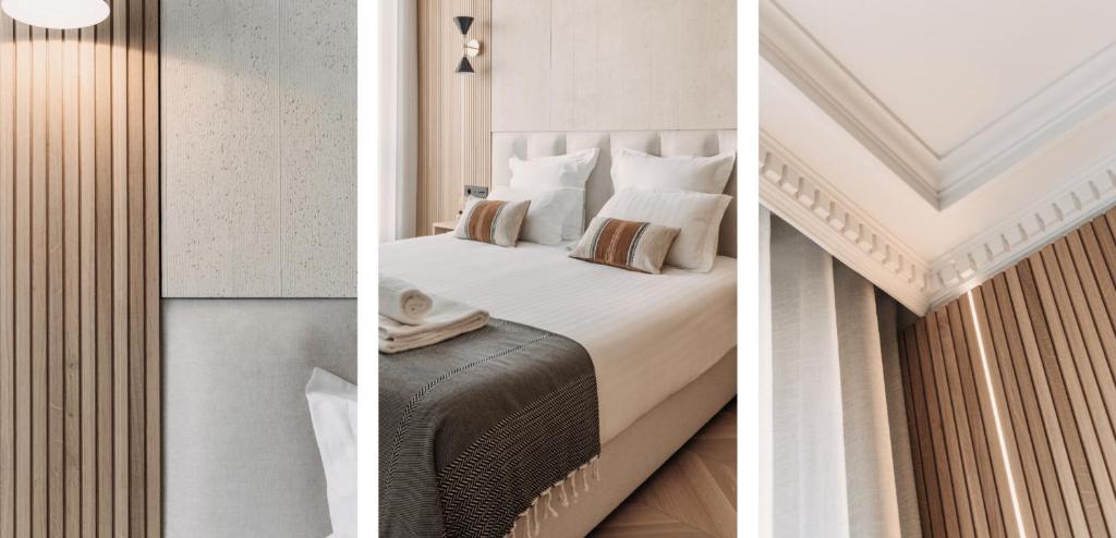 three pictures of a bedroom with a bed in a room at HIGHSTAY - Luxury Serviced Apartments - Le Marais in Paris