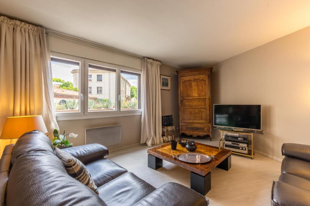 un salon avec un canapé et une télévision dans l'établissement Jardin de la reine - Premiere conciergerie, à Montpellier