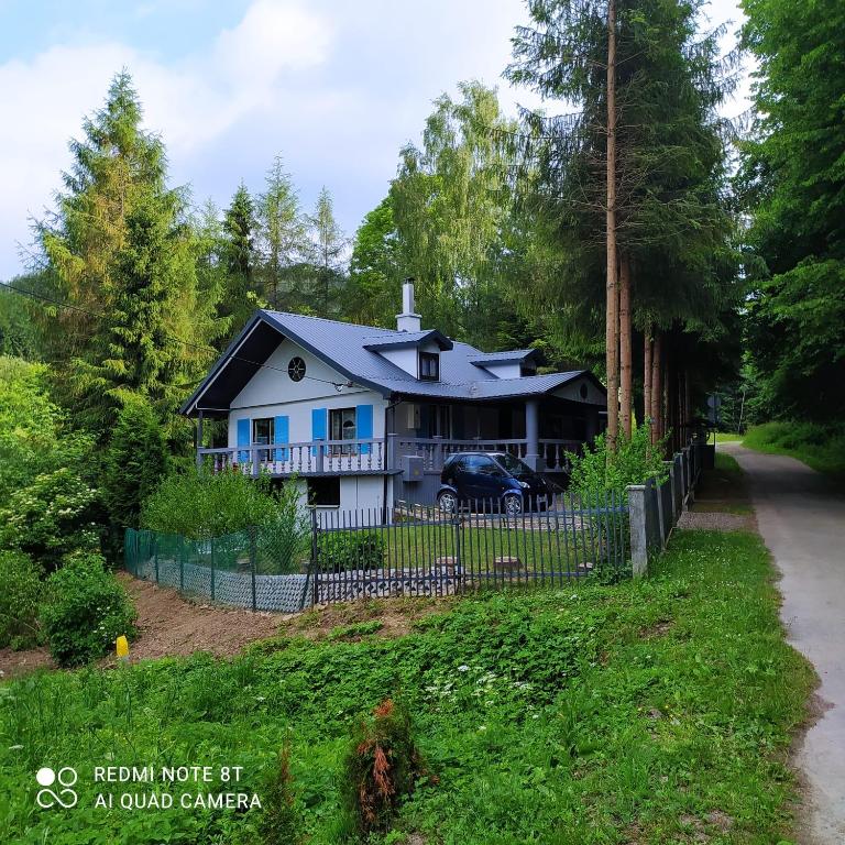a blue house with a fence in front of it at Zacisze in Hołuczków