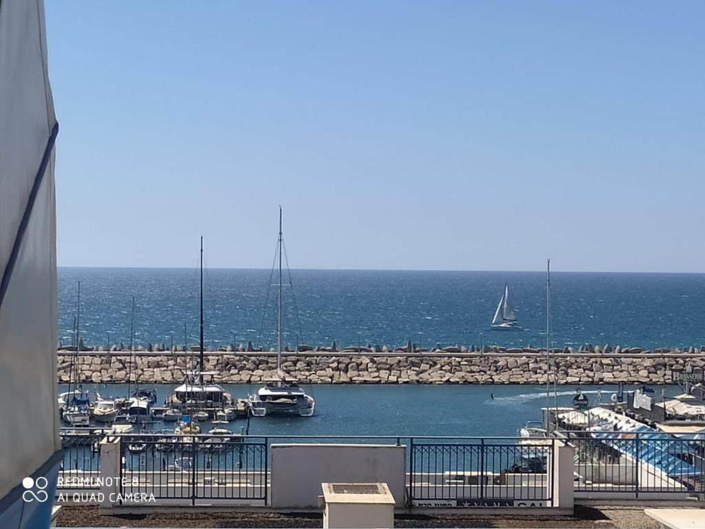 a view of a marina with boats in the water at סוויטה מול הים in Ashqelon