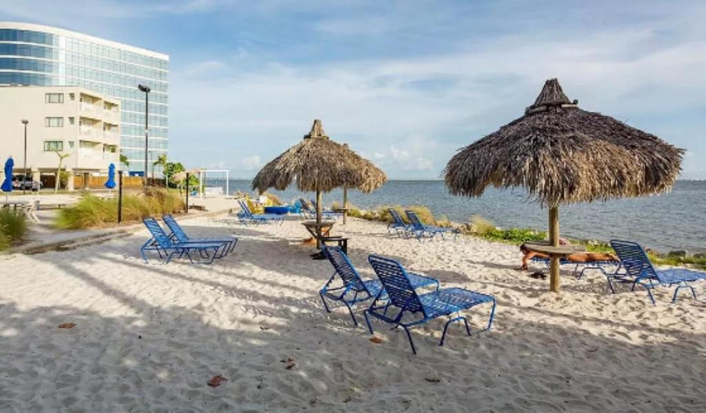 a group of chairs and umbrellas on a beach at Amazing Waterfront Views Resort, Enjoy Heated Pool & Sunset! in Tampa