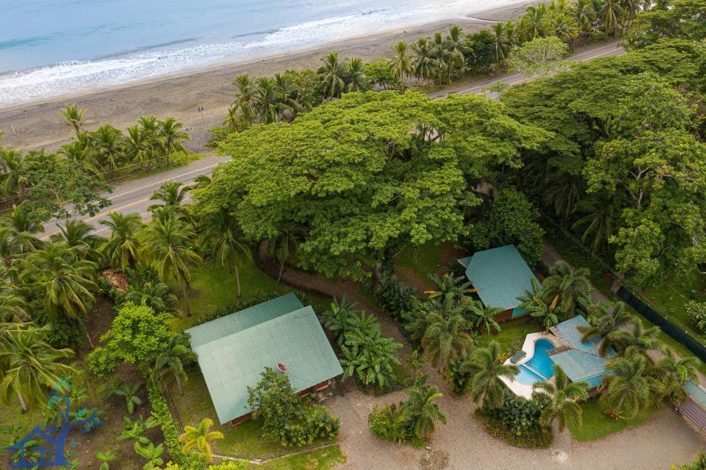 een luchtzicht op een strand met huizen en bomen bij Beachfront Villas Puerto Viejo w AC and POOL in Puerto Viejo
