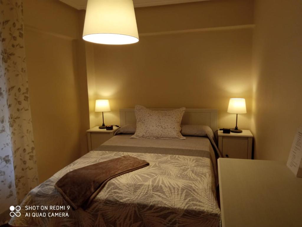 a small bedroom with a bed with two lamps at Guimar in Avilés