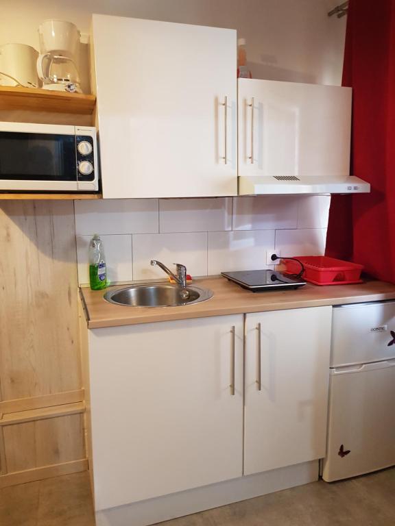 a kitchen with white cabinets and a sink at STUDIO ENTRE PARIS et DISNEY 2 in Torcy