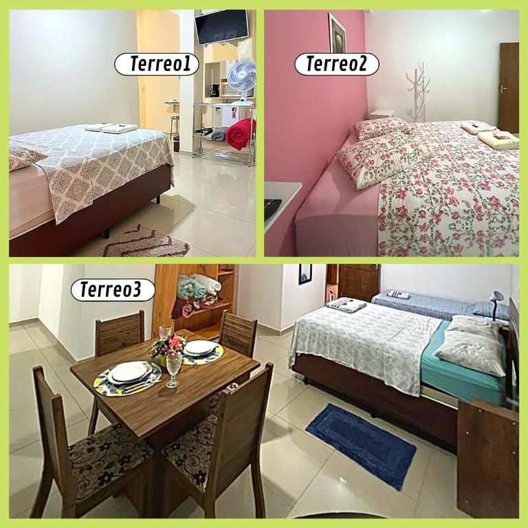 two pictures of a bedroom with a bed and a table at Hospedagem Elite térreo in Cunha