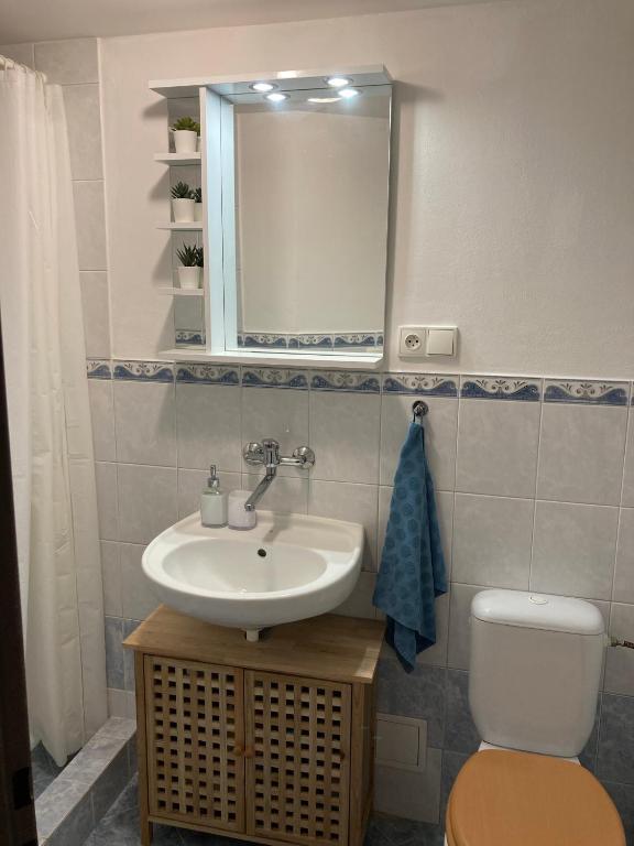 łazienka z umywalką, toaletą i lustrem w obiekcie Apartman Centrum w Jiczynie