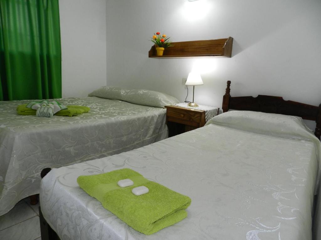 1 dormitorio con 2 camas y toallas verdes. en Hotel Colon en Posadas