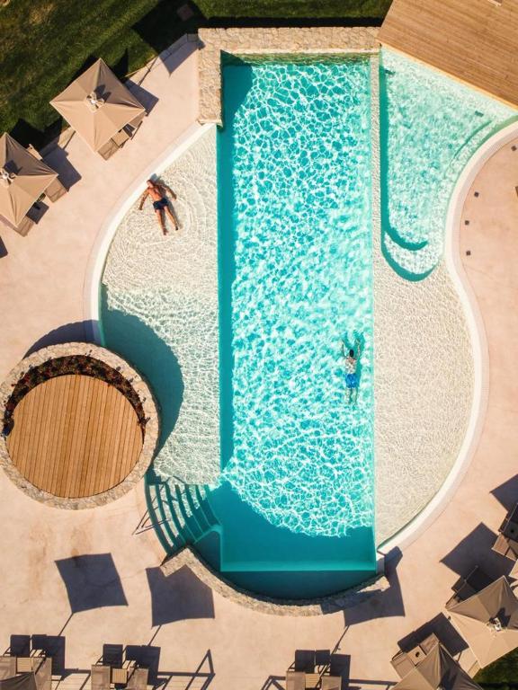 an overhead view of a swimming pool with two people in it at Podere Serena in Albinia