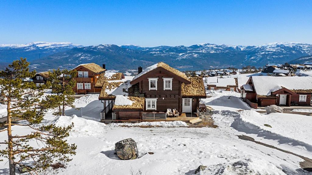 a log home in the snow with mountains in the background at Vrådal Panorama in Vradal