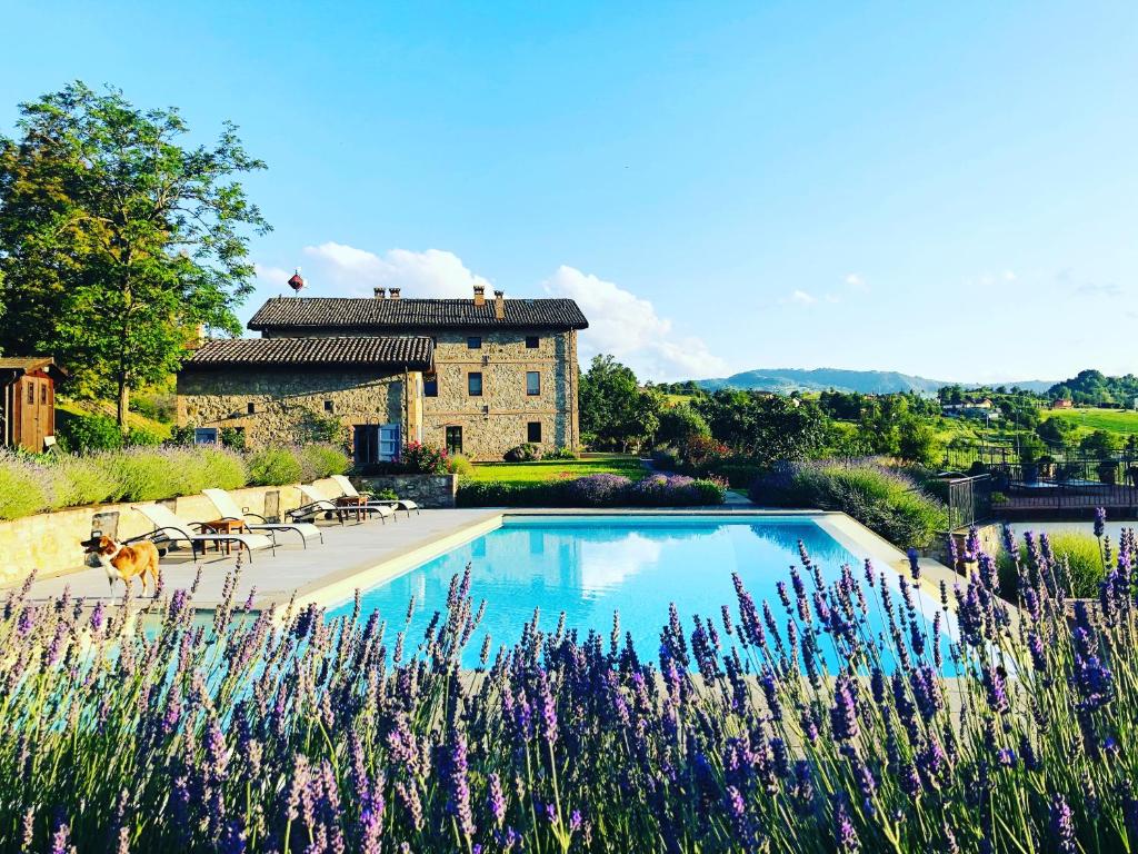 einen Pool vor einem Gebäude mit lila Blumen in der Unterkunft Agriturismo Podere Prasiano in Marano sul Panaro