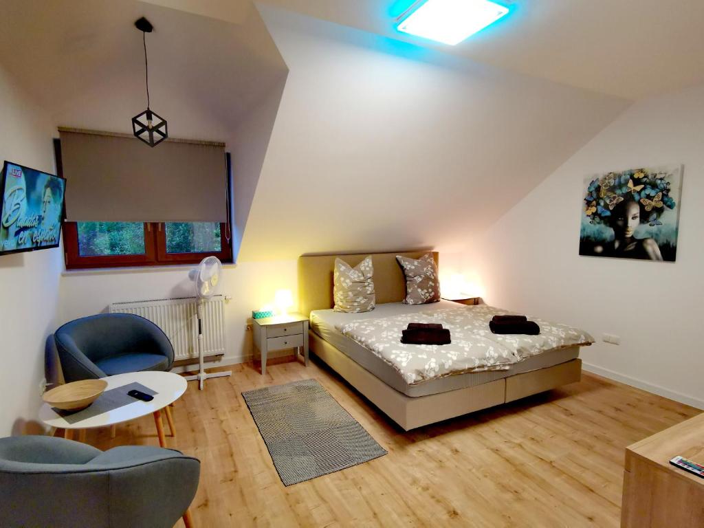 1 dormitorio con 1 cama, 1 mesa y 1 silla en Apartament Luna, en Zamość