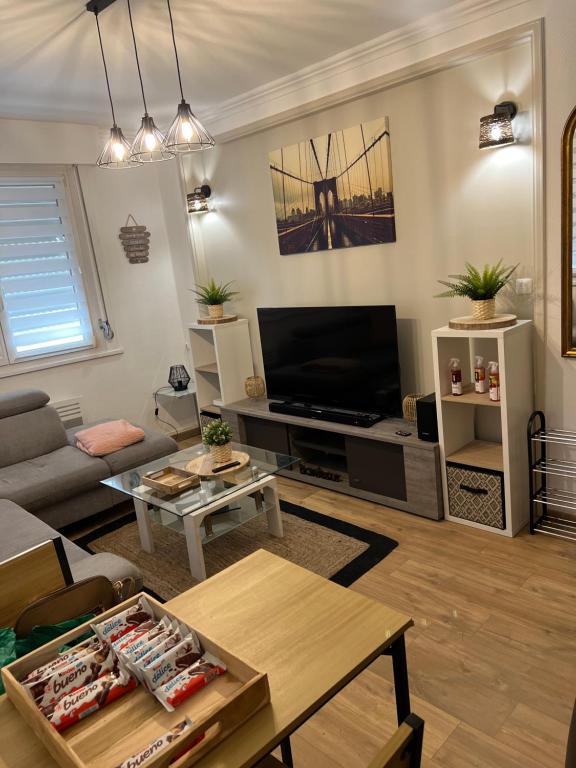 un salon avec un canapé et une télévision dans l'établissement Le dunkerquois proximité du centre ville et de la plage, à Dunkerque