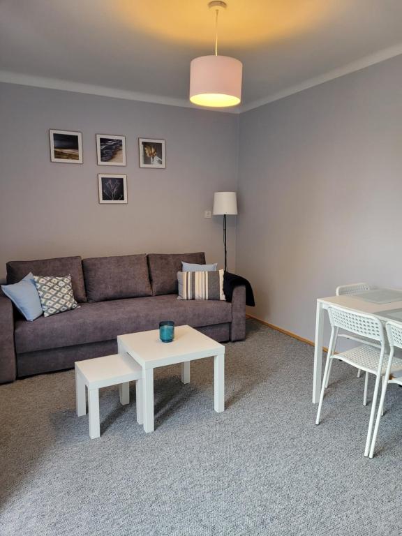 uma sala de estar com um sofá e uma mesa em Apartament City Center em Lańcut