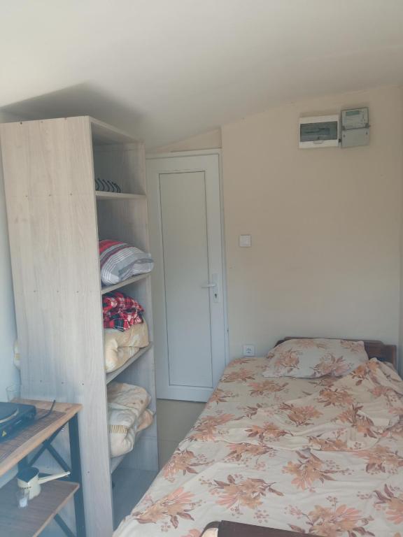 una camera da letto con un letto e una libreria di Monte room a Podgorica