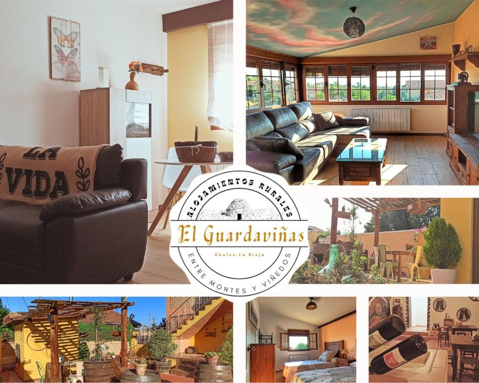 un collage de cuatro fotos de una sala de estar en El Guardaviñas, entre Montes y Viñedos, en Ábalos