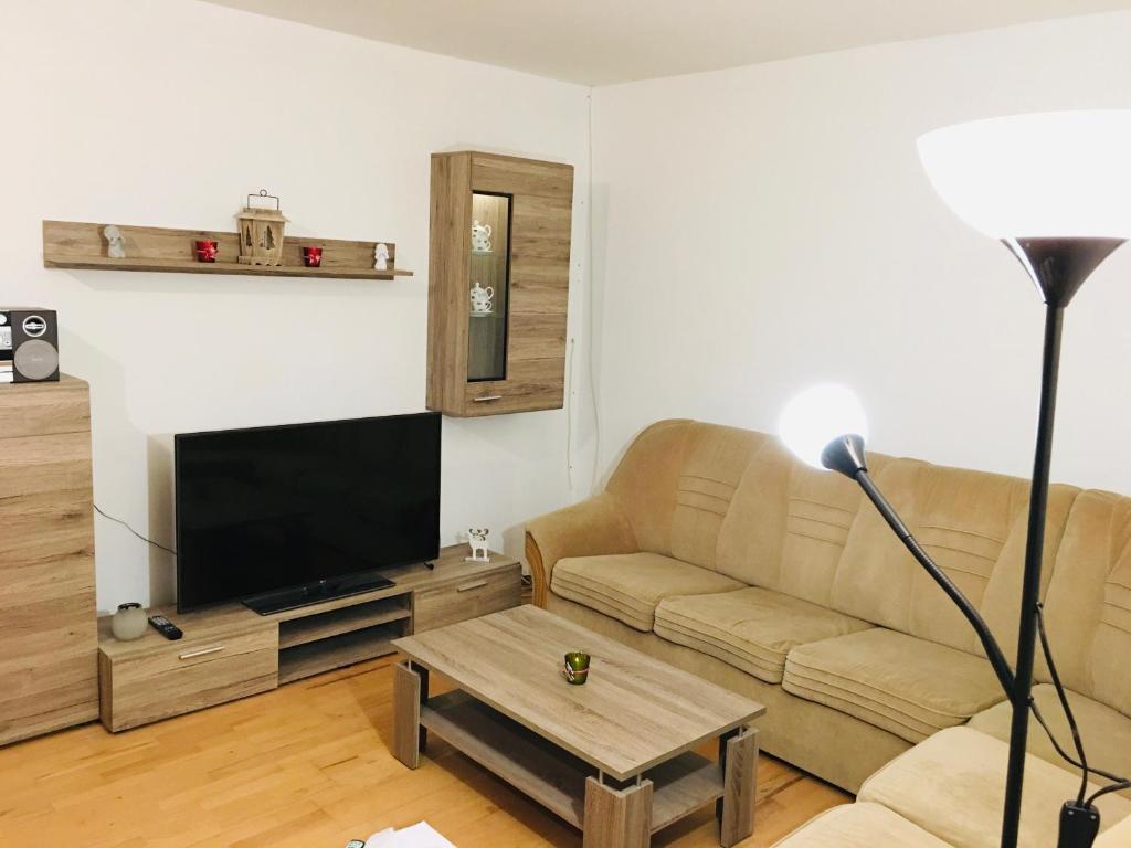 apartmán MONYA في تورشيانسكي تبليتسه: غرفة معيشة مع أريكة وتلفزيون بشاشة مسطحة