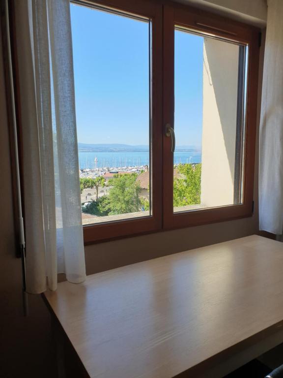 una ventana en una habitación con vistas al océano en Maison des pêcheurs vue lac a 50m du port dans quartier historique, en Thonon-les-Bains