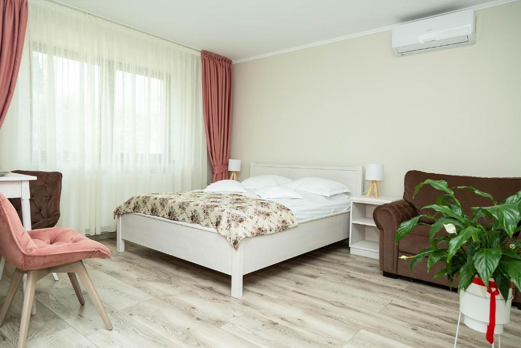 a bedroom with a bed and a chair and a plant at Pensiunea Casablanca in Reghin