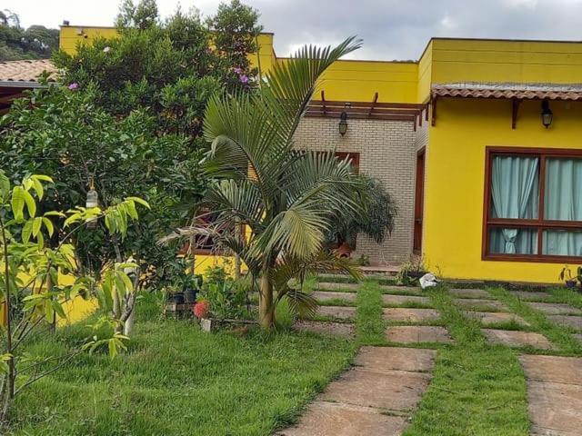 una casa amarilla con una palmera delante de ella en Sitio Sombra da Mata en Marechal Floriano