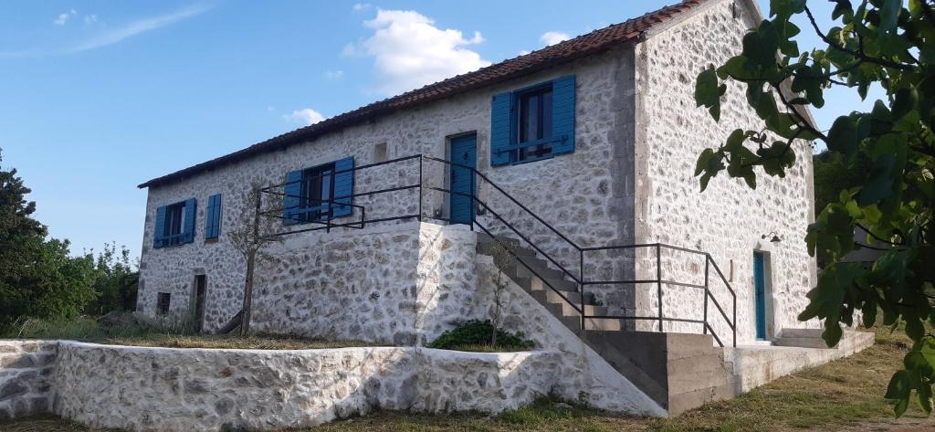 a building with blue windows and stairs on it at Old Lato's House in Danilovgrad