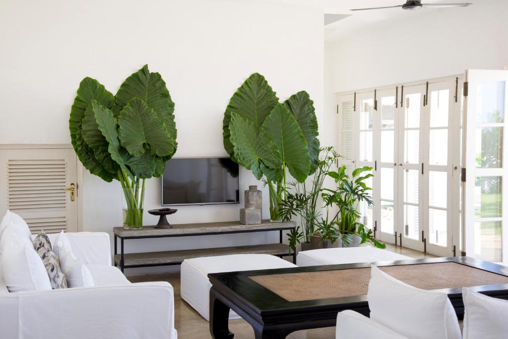 a living room with white furniture and plants at Arabella on Boossa in Galle