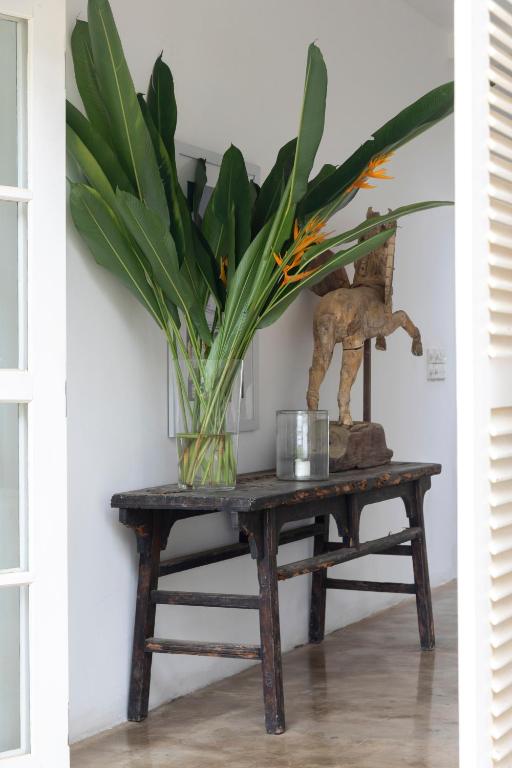 a table with a vase and a plant on it at Arabella on Boossa in Galle