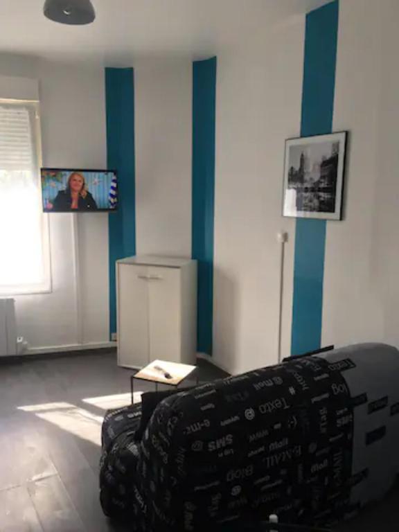 un salon avec un canapé et une télévision à écran plat dans l'établissement Studio 2, à Valenciennes