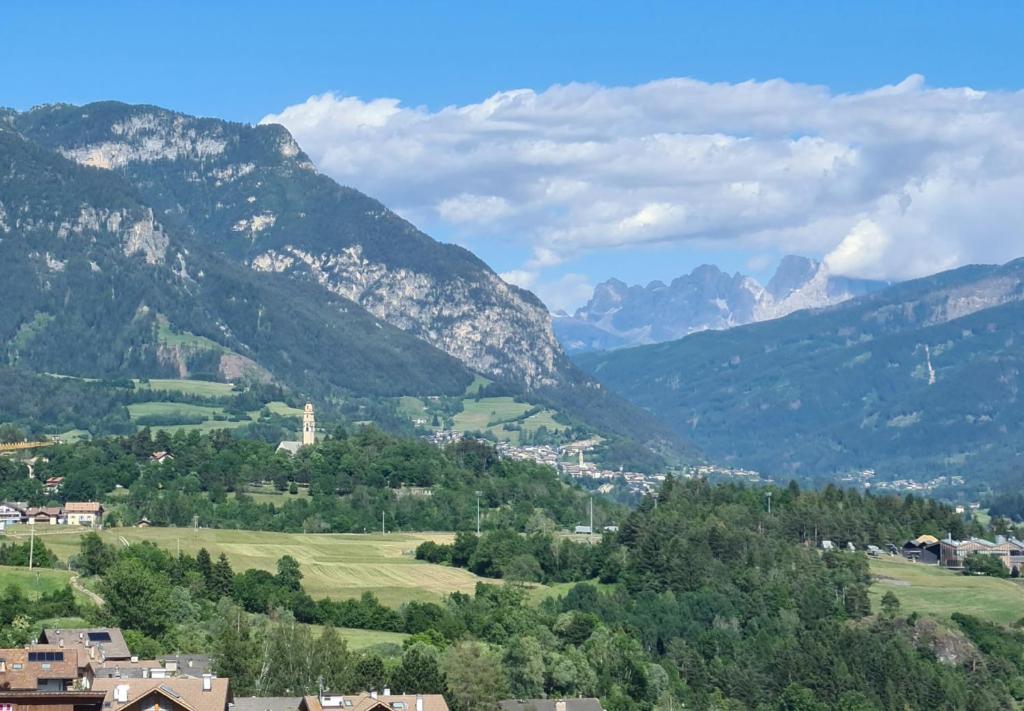eine Stadt in einem Tal mit Bergen im Hintergrund in der Unterkunft TERRAZZA SULLE DOLOMITI in Castello di Fiemme